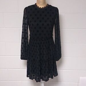 BLU PEPPER POLKA DOTS, FULL SHEER LONG SLEEVES, CROCHET NECK, TIERED DRESS